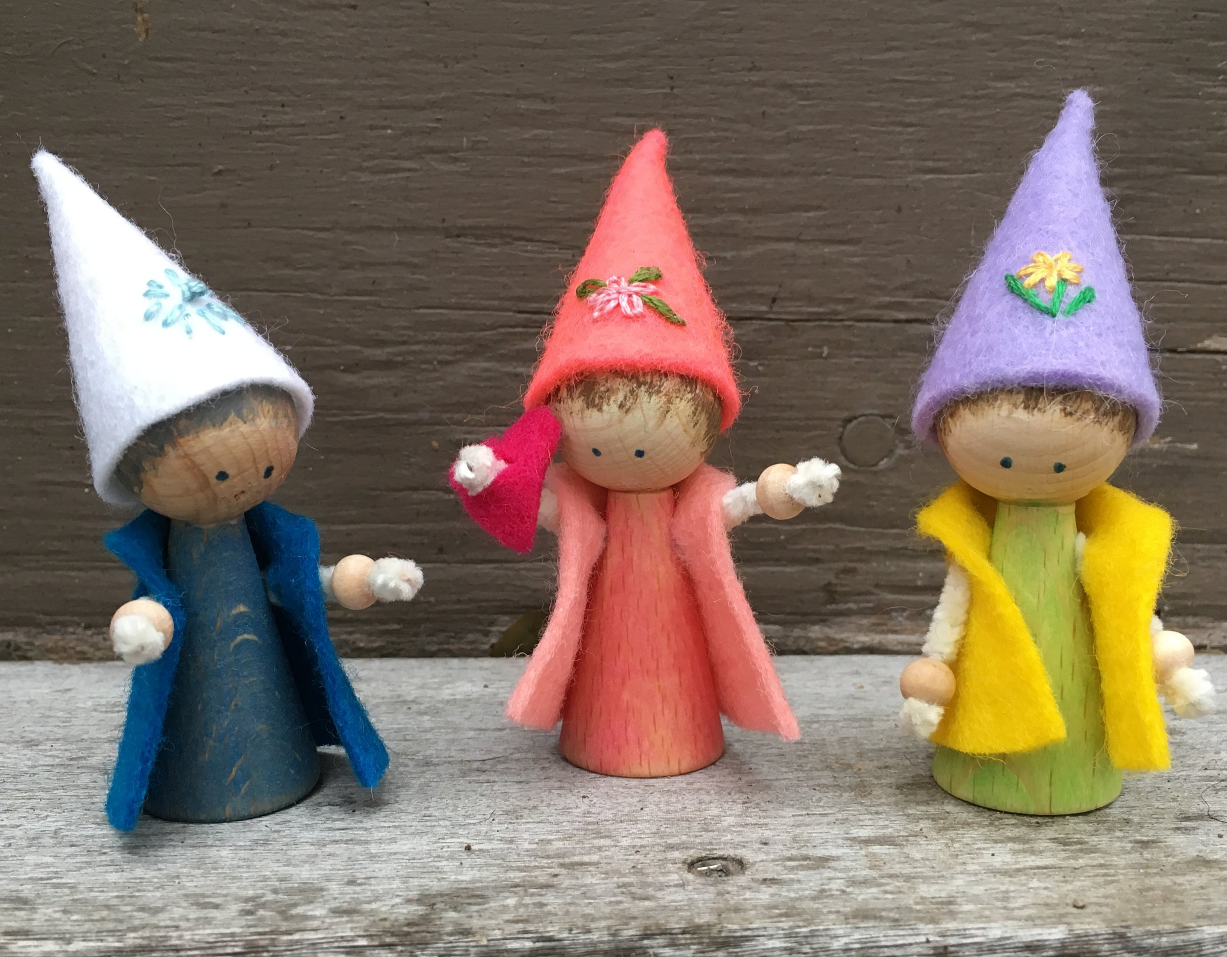 Peg Gnomes: Snowflake, Valentine and Dandelion