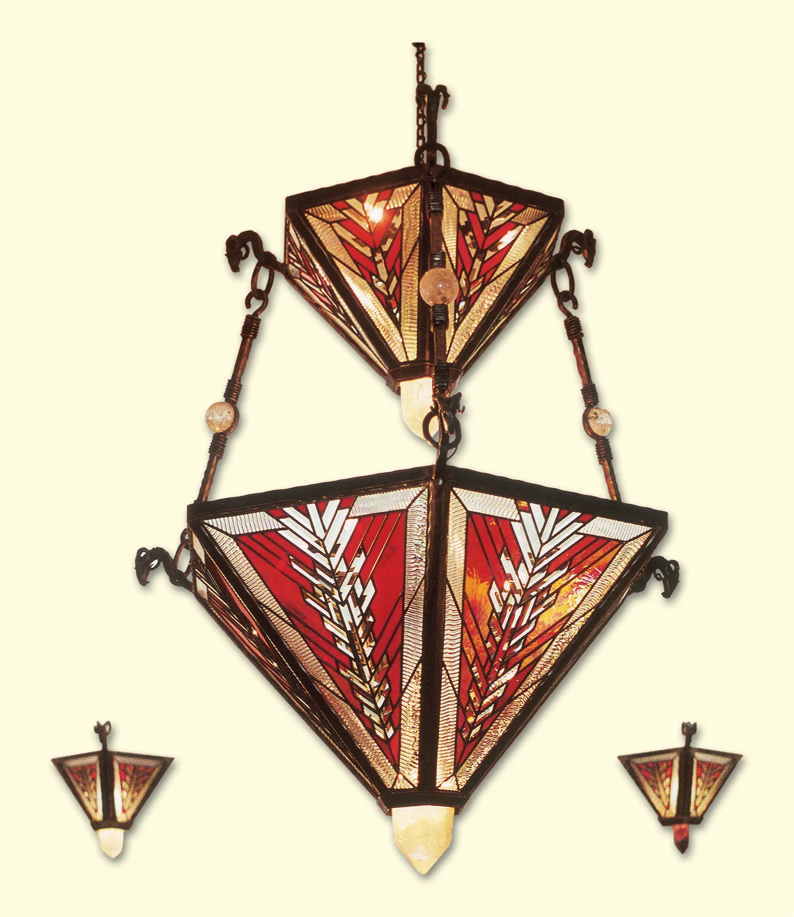 Orion’s Nebula Chandelier (6 sided, 2 tiered), Leaded Glass, Forged Connecting Arms