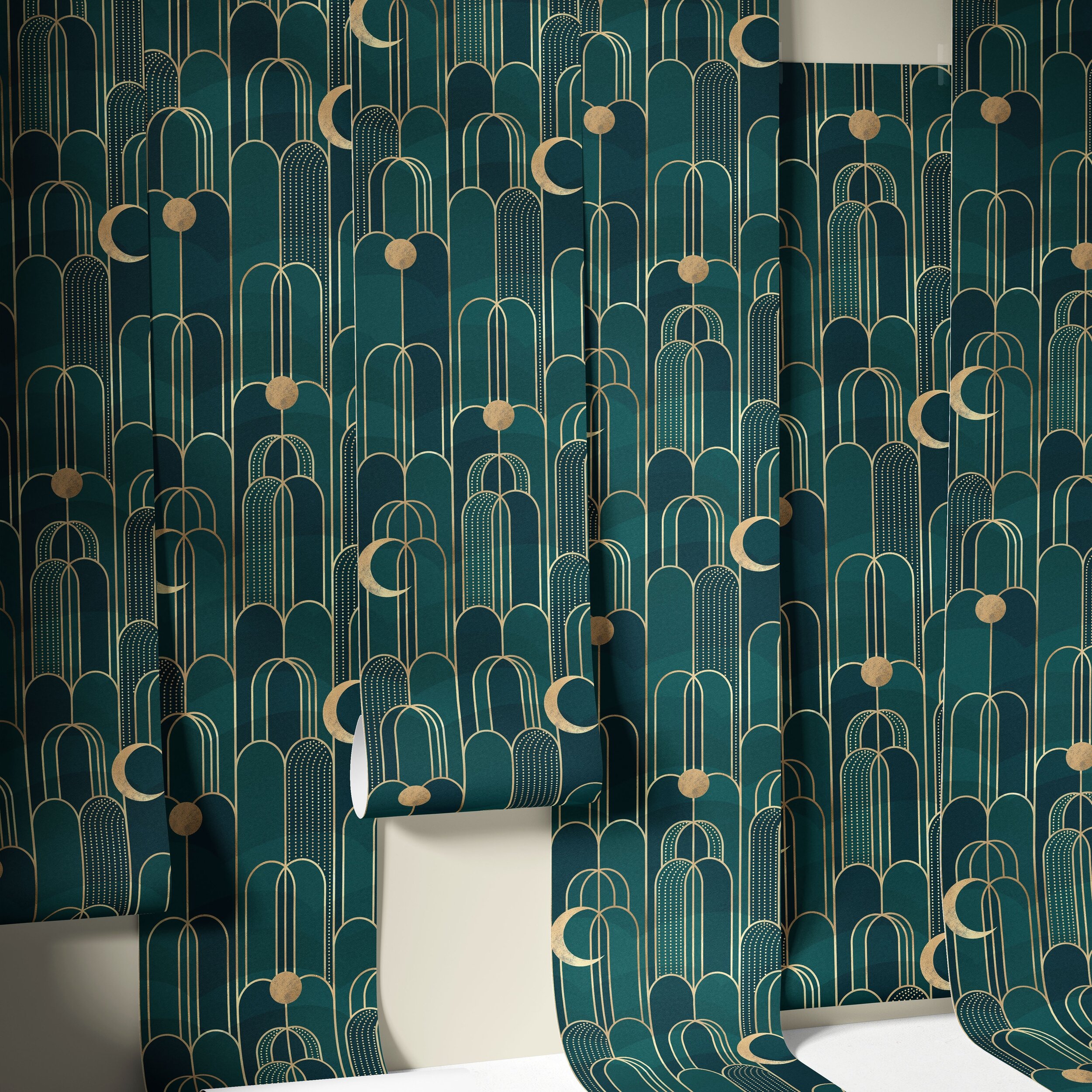 Wallpaper Wednesday! A little luxe, a little moody and a little Gatsby drama can be found in my Art Deco inspired Moon and Waterfall in Jade Green. I want a Speakeasy bar in my basement! 🥂 🌙 🍾 🌖 ✨ 💎 

Wallpapers thirty percent off until April 7t