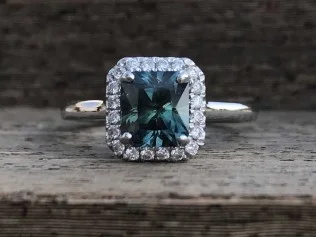 14k White Gold Cushion Cut Montana Sapphire & Diamond Halo Ring - Custom - $2,995.00