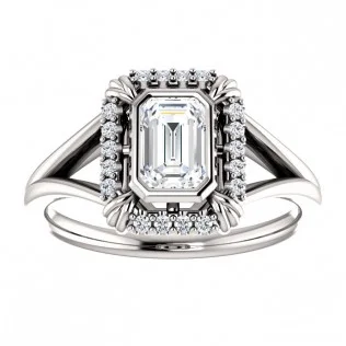 Emerald Cut 14k White Gold Full Bezel Halo Engagement Ring - SS71955 - $,1200.00
