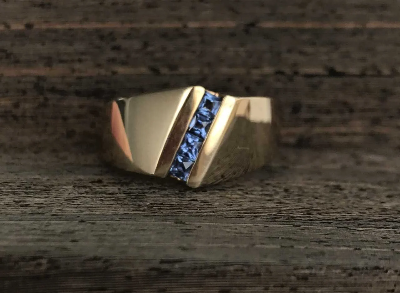SOLD 14k Yellow Gold .33ct Total Weight Square Yogo Sapphire Wide Channel Band - 31-674 - $2,295.00
