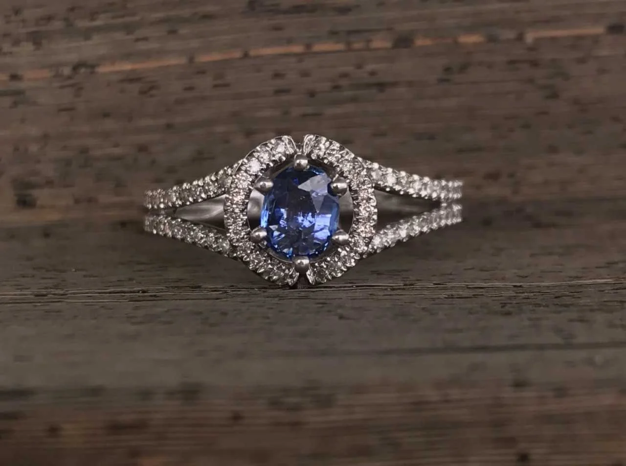 SOLD 14k White Gold .38ct Oval Yogo Sapphire Split Shank Halo Ring With .25ct Total Weight Diamonds - LR-640 - $2,195.00