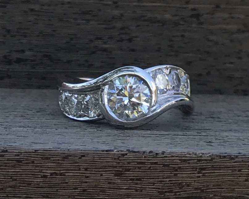 Custom 14k White Gold Swirl Bezel Diamond Engagement Ring - Using Customer's Diamonds