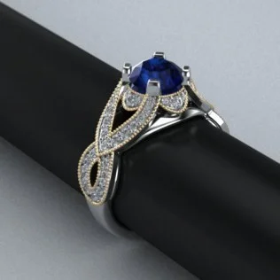 Custom White & Yellow Gold Hand Beaded Sapphire Ring