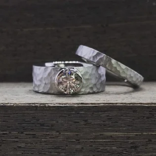 Custom Round Brilliant Palladium Engagement Ring Wedding Band with Hammered Satin Finish