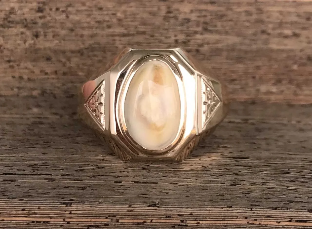 Custom 14k Yellow Gold Elk Ivory Gents Ring Using Customer's Family Heriloom