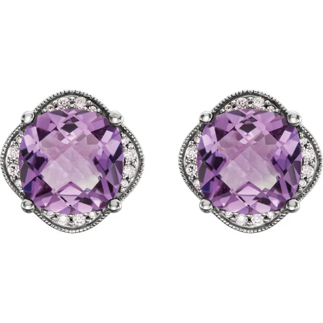 14k White Gold Checkerboard Amethyst and .20ct Total Weight Diamond Fashion Stud Earrings - SS86341 - $1,325.00
