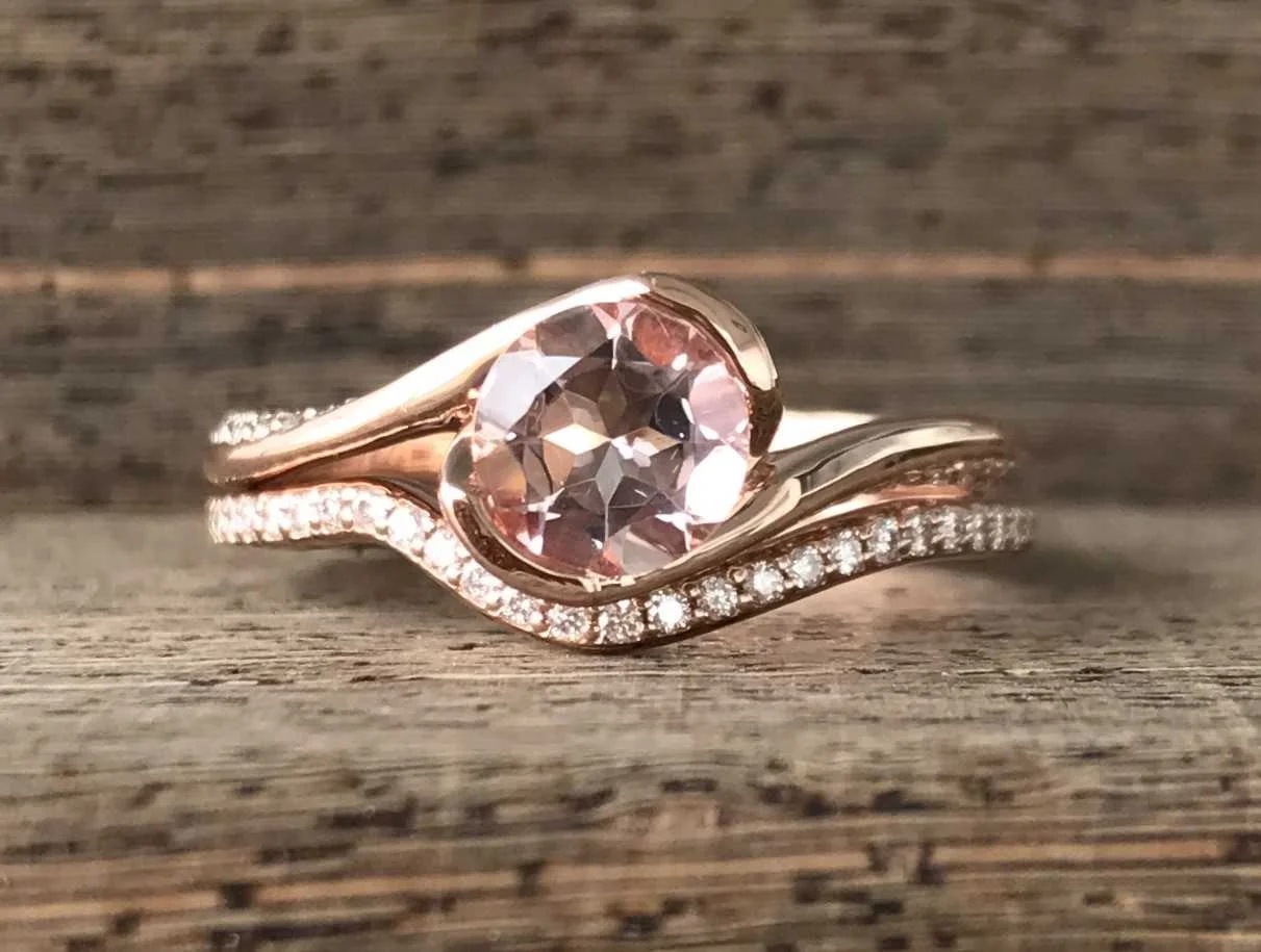14k Rose Gold Round Brilliant Morganite DIamond Half Bezel Style Wedding Set - $2295.00