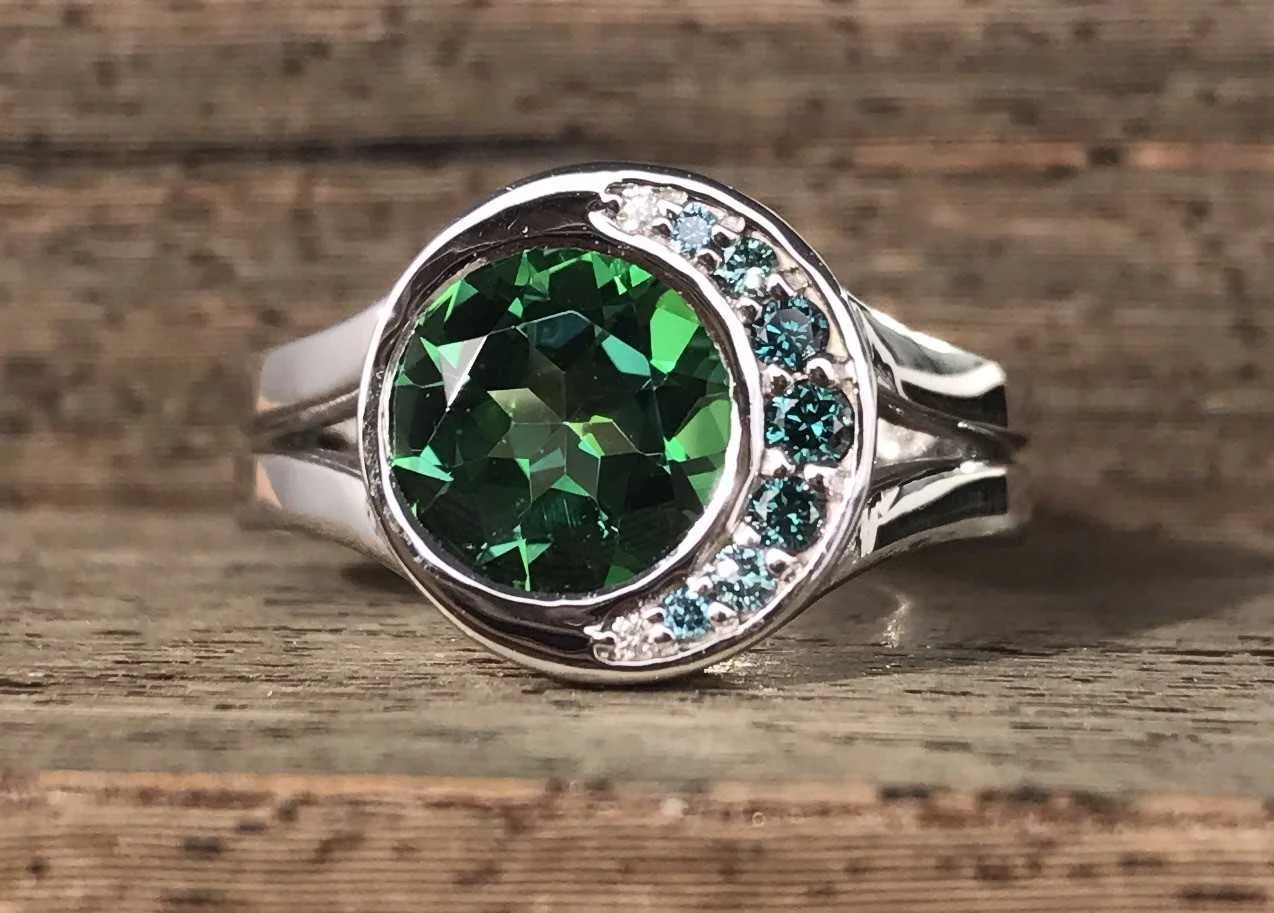 Custom 14k White Gold Round Brilliant Green Topaz & Blue-Green Diamond Bezel Style Ring