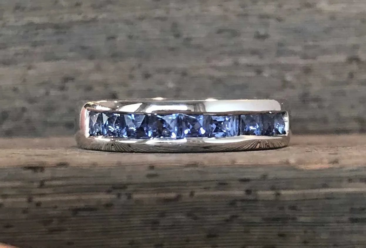 Custom 14k White Gold .78ct Total Weight Square Yogo Sapphire Domed Style Wedding Band - $2,695.00