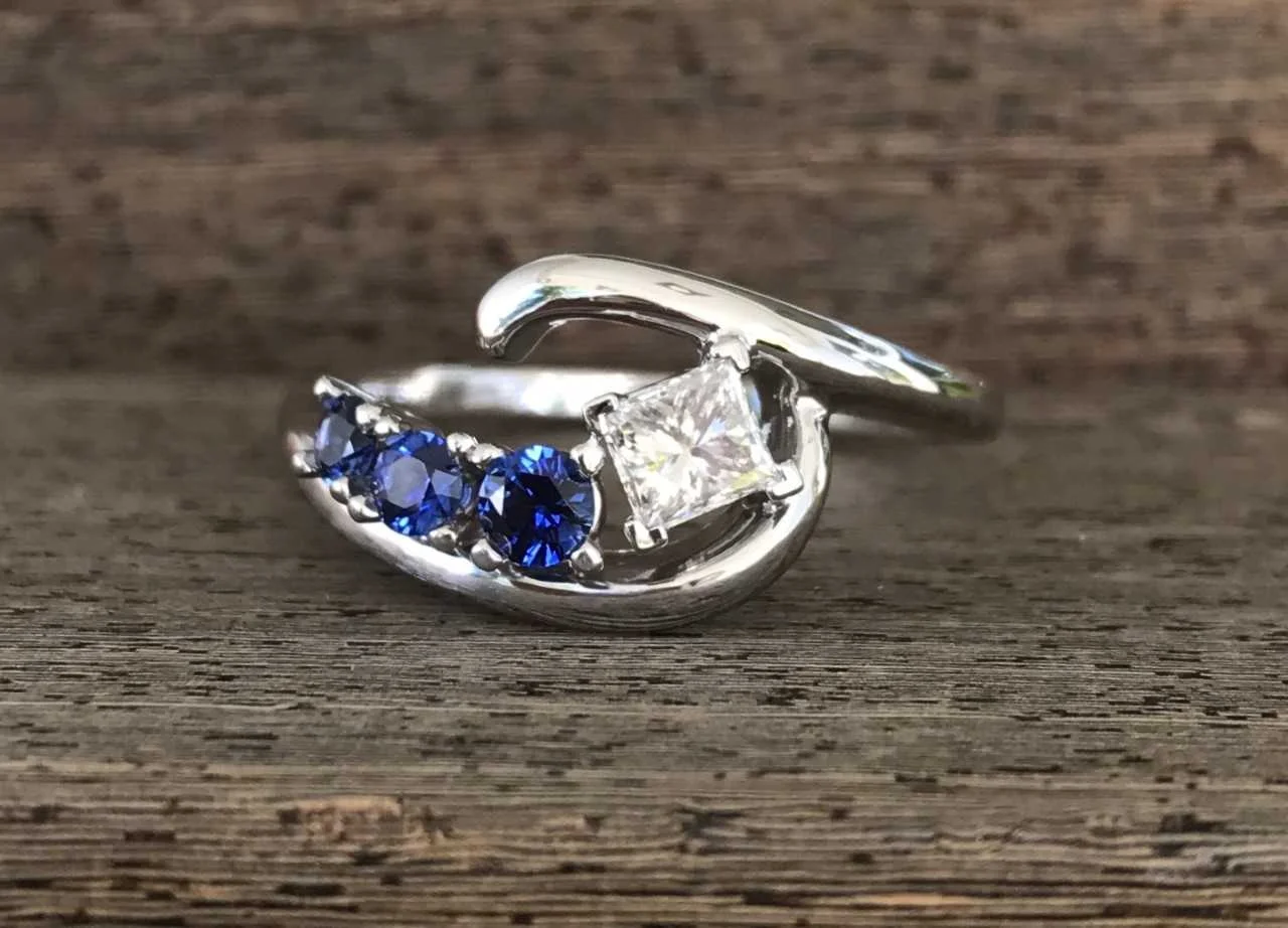Custom 14k White Gold Free-Form Style Diamond & Sapphire Engagement Ring