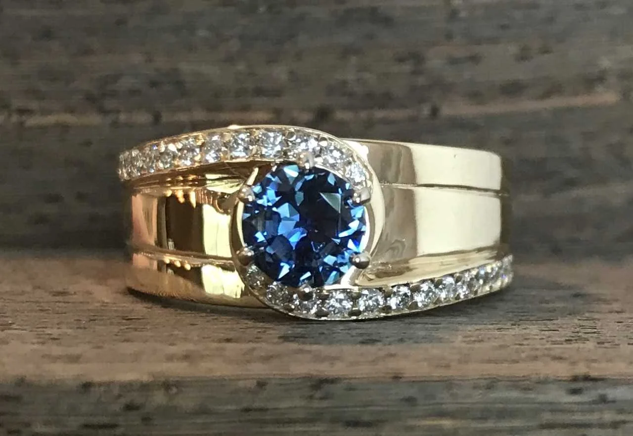 Custom 14k Yellow Gold Round Brilliant Yogo Sapphire & Diamond Wedding Ring Using Customer's Sapphire