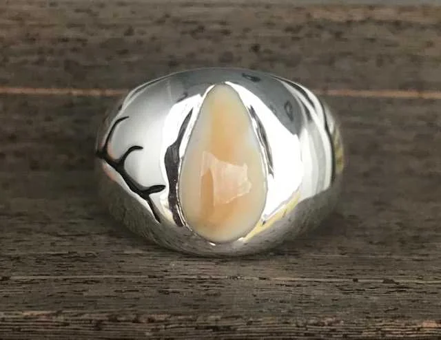 Custom Sterling Silver Flat Style Antiqued Elk Ivory Gents Ring
