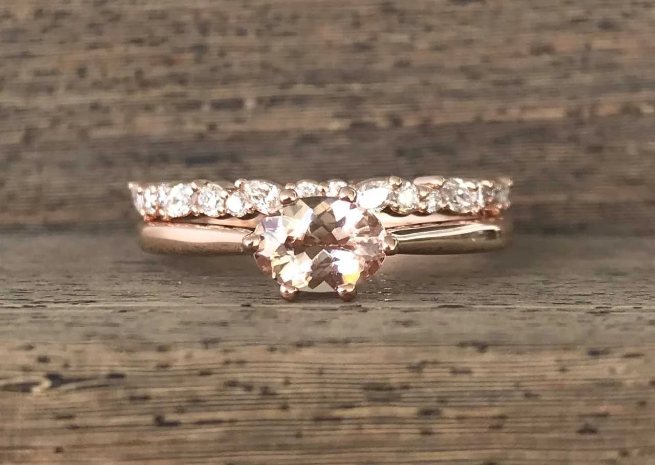 14k Rose Gold Oval Peach Morganite & Diamond Wedding Set
