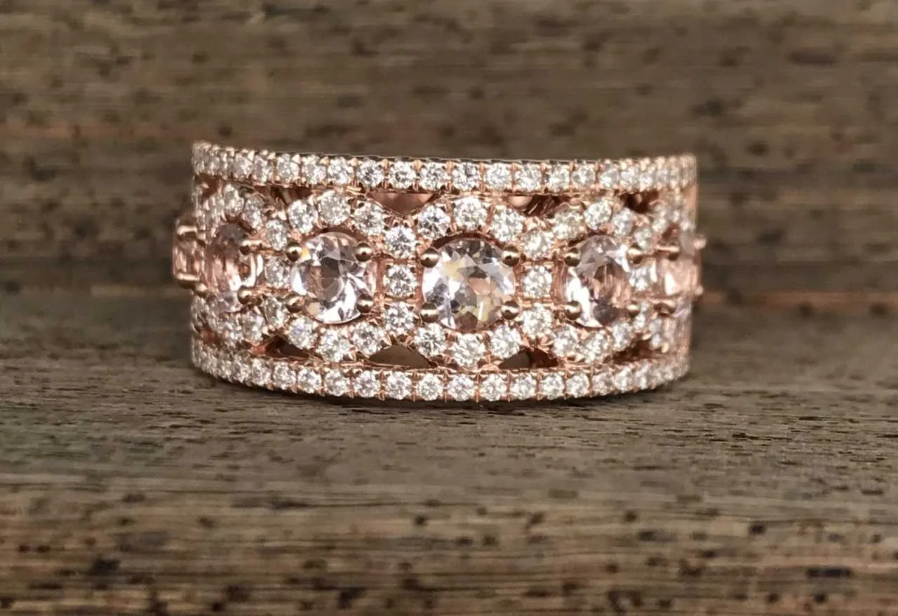 Custom 14k Rose Gold Morganite & Diamond Wedding Ring