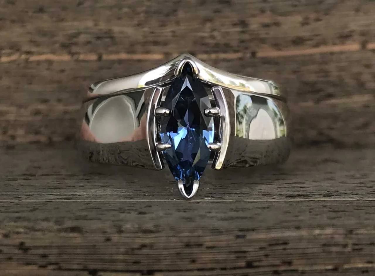 SOLD! Custom 14k White Gold 1ct Marquise Yogo Sapphire Wedding Set