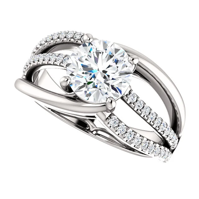 14k White Gold Round Brilliant Diamond Triple Shank Engagement Ring - 123746 - $2,150.00