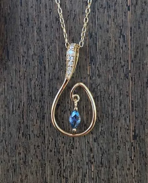 14k Yellow Gold .13ct Marquise Yogo Sapphire & Diamond Dangle Pendant - YP213 - $699.00