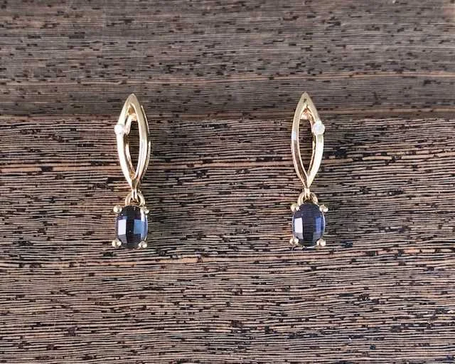 14k Yellow Gold .32ct Total Weight Oval Yogo Sapphire & Diamond Dangle Earrings - YE281 - $899.00