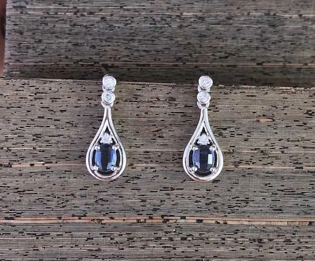 14k White Gold .40ct Total Weight Yogo Sapphire & Diamond Dangle Fashion Earrings - YE277 - $1,299.00