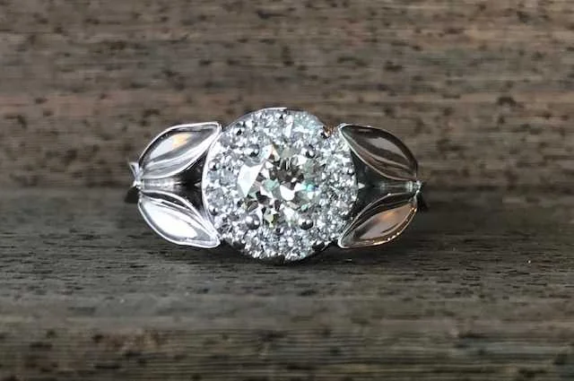 Custom 14k White Gold Organic Diamond Engagement Ring Using Customer's Diamonds
