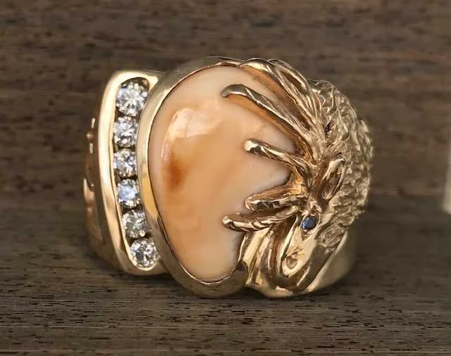 Custom 14k Yellow Gold Antler & Diamond Elk Ivory Ring With Yogo Sapphire
