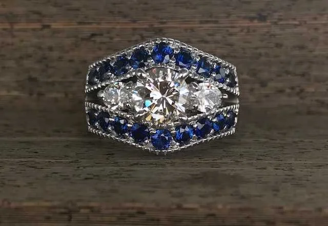 Custom 14k White Gold Vintage Style Split Shank Diamond & Sapphire Engagement Ring