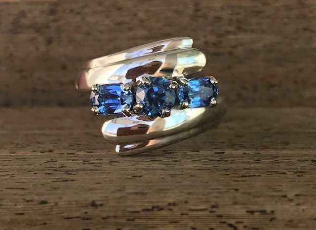 Custom Platinum Three Stone Yogo Sapphire Fashion Ring