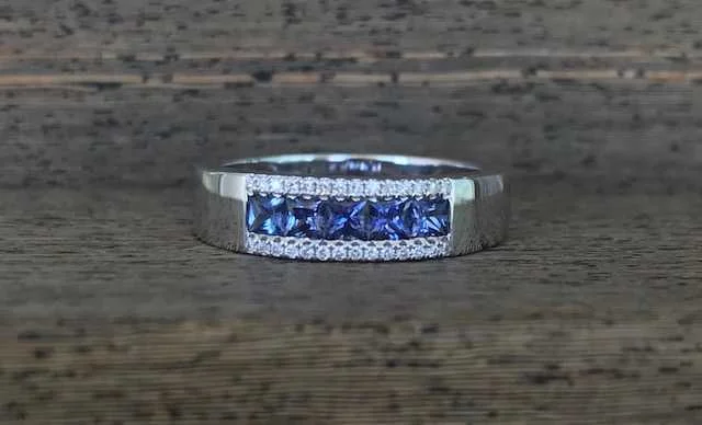 Custom 14k White Gold .50ct Total Weight Yogo Sapphire & .08ct Total Weight Diamond Fashion Band - $2,600.00
