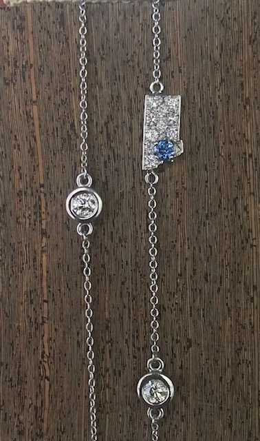 Custom 14k White Gold Diamond Station Necklace With Montana Yogo Sapphire & Diamond Charm