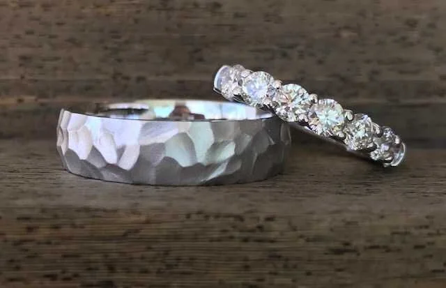 Custom 14k White Gold Hammer-Matte Texture HIS & HERS Wedding Bands