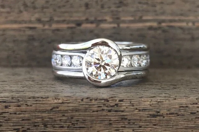 Custom 14k White Gold Accented Swirl Bezel Diamond Engagement Ring