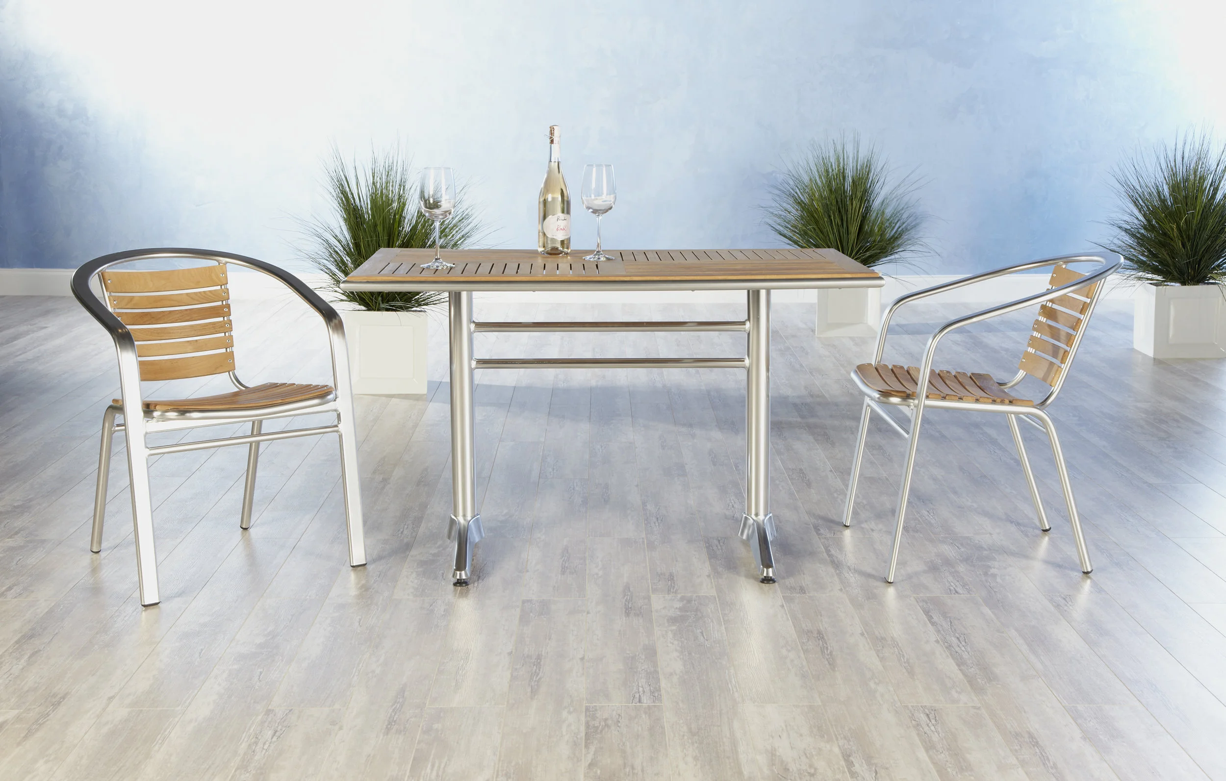 Stacking Arm Chair in Teak with Aluminum Legs - Set of 6