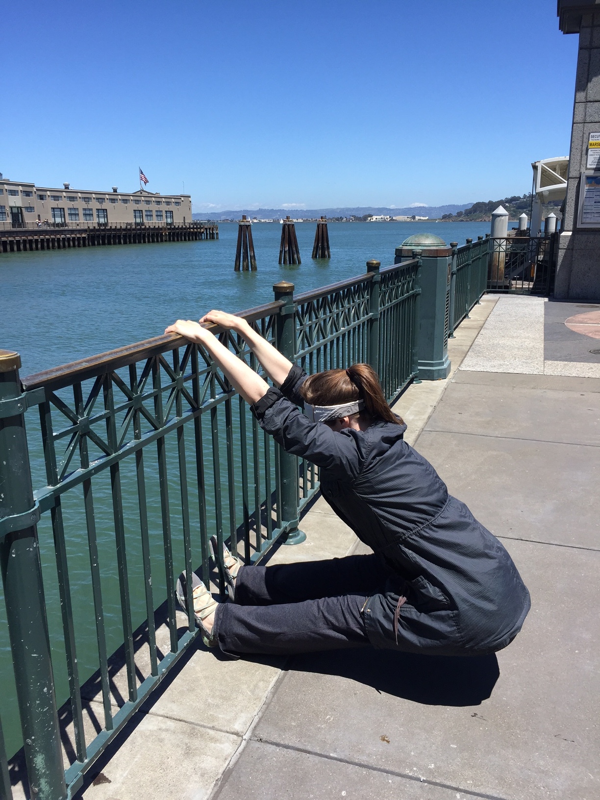 Up dog, down dog...side dog? Me playing around at the Ferry Building, May 2016.
