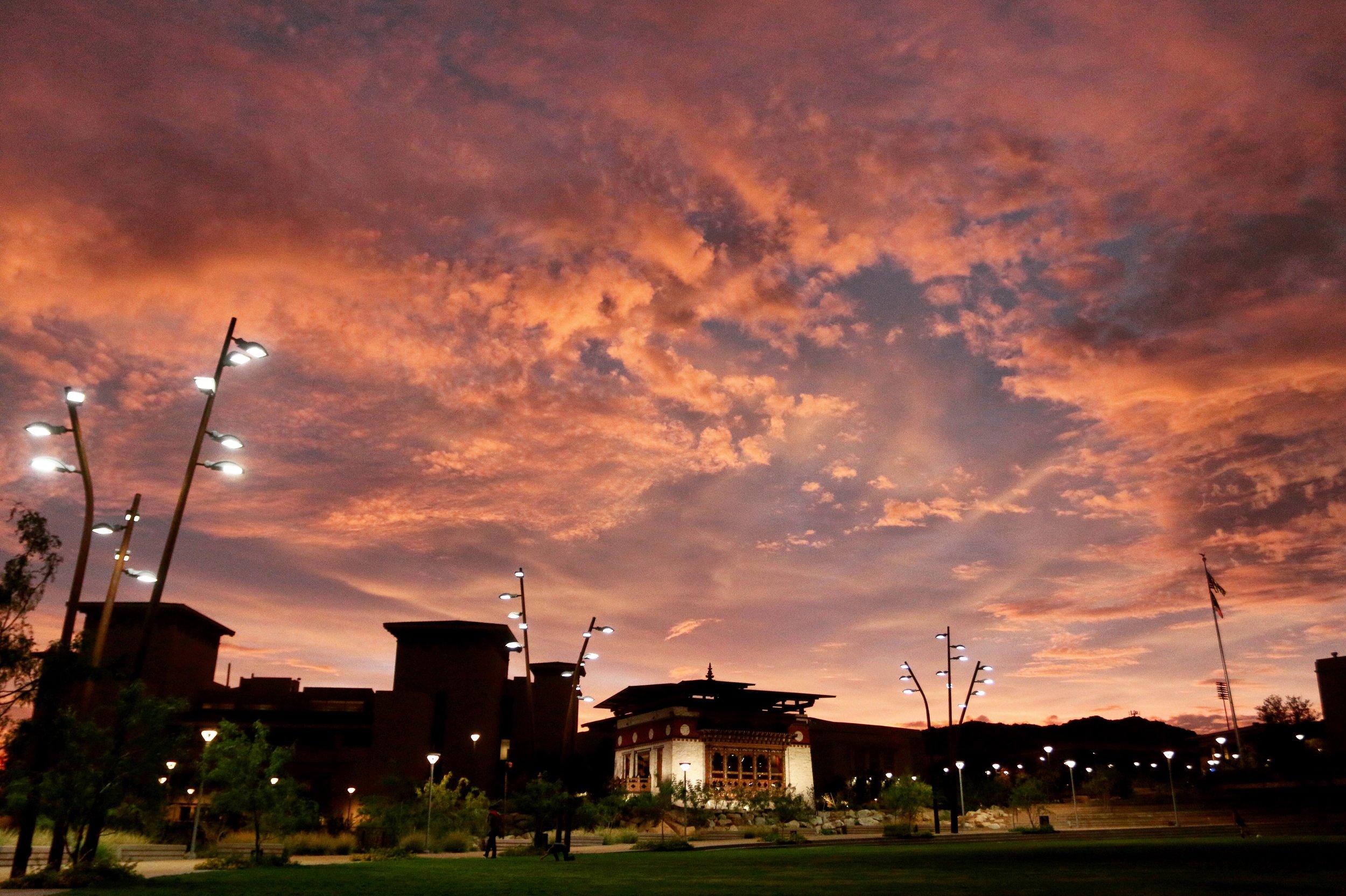 The sky turns pink over Centennial Plaza at The University of Texas at El Paso on Sept. 21, 2015.