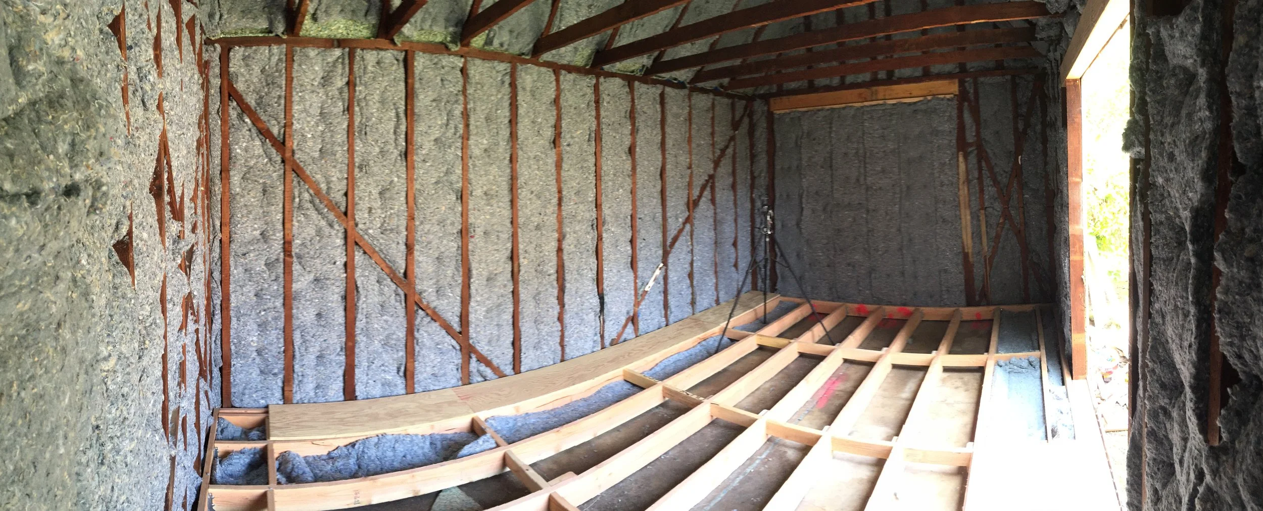 Walls with denim on, denim starting to go in the floor.