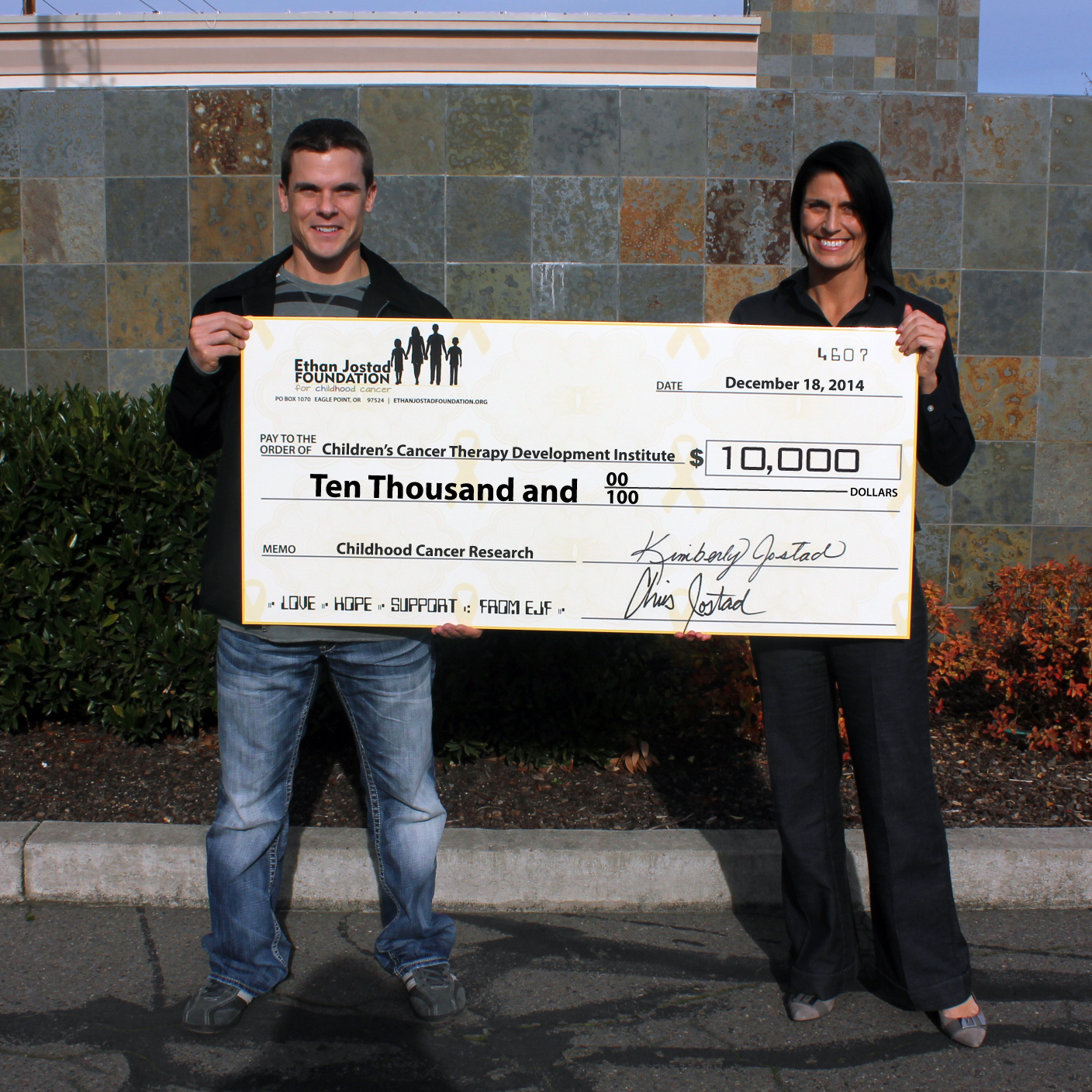 Chris & Kim Jostad, co-founders of EJF and the donation to cc-TDI in December of 2014.