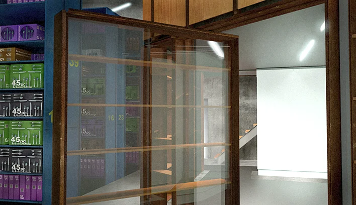 The enclosed workshop on the lower level is wrapped by a series of corten, plywood and glass display walls. An oversized panel within this wall swings open as a large access door to give access to workshop equipment (CNC router, table saw, drill press, etc). The remainder of the warehouse is used for stock from a large collection of pieces.