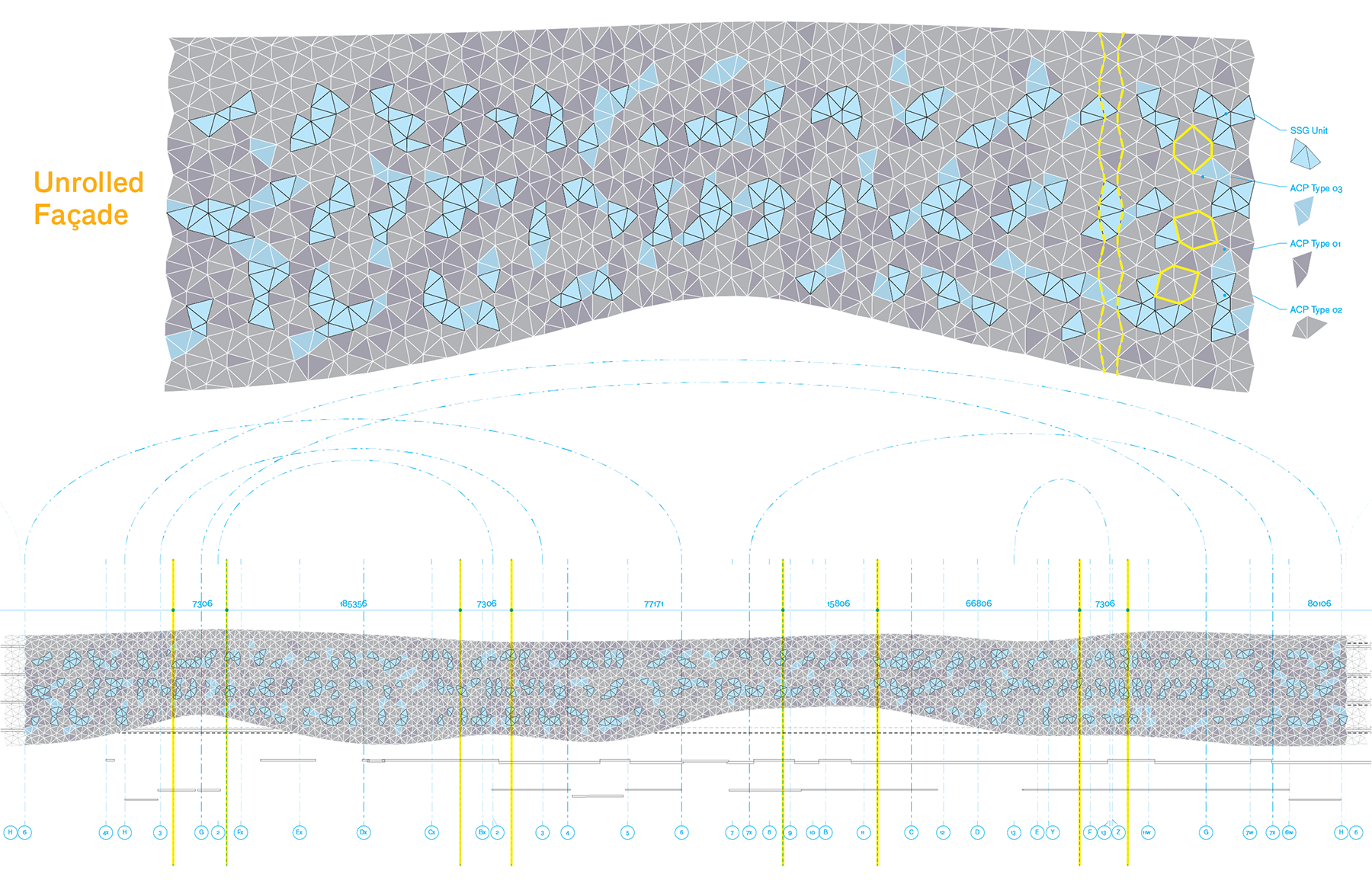 A further articulation of the three basic panels into clusters which were either glazed, back-painted glass, dichroic and metallic paints where given a surface inflection to pick up on the sun exposure at the site. Together with the overall curving shape, a dynamic sky plays out on the facade's contoured surface. 