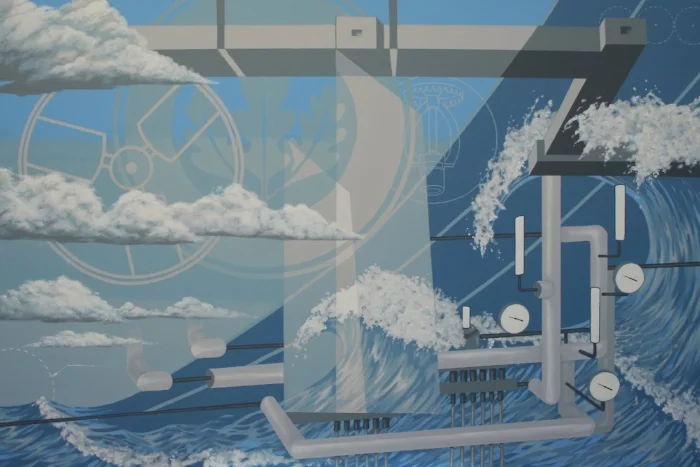 The first mural panel, displayed in Seaman Engineering's conference room