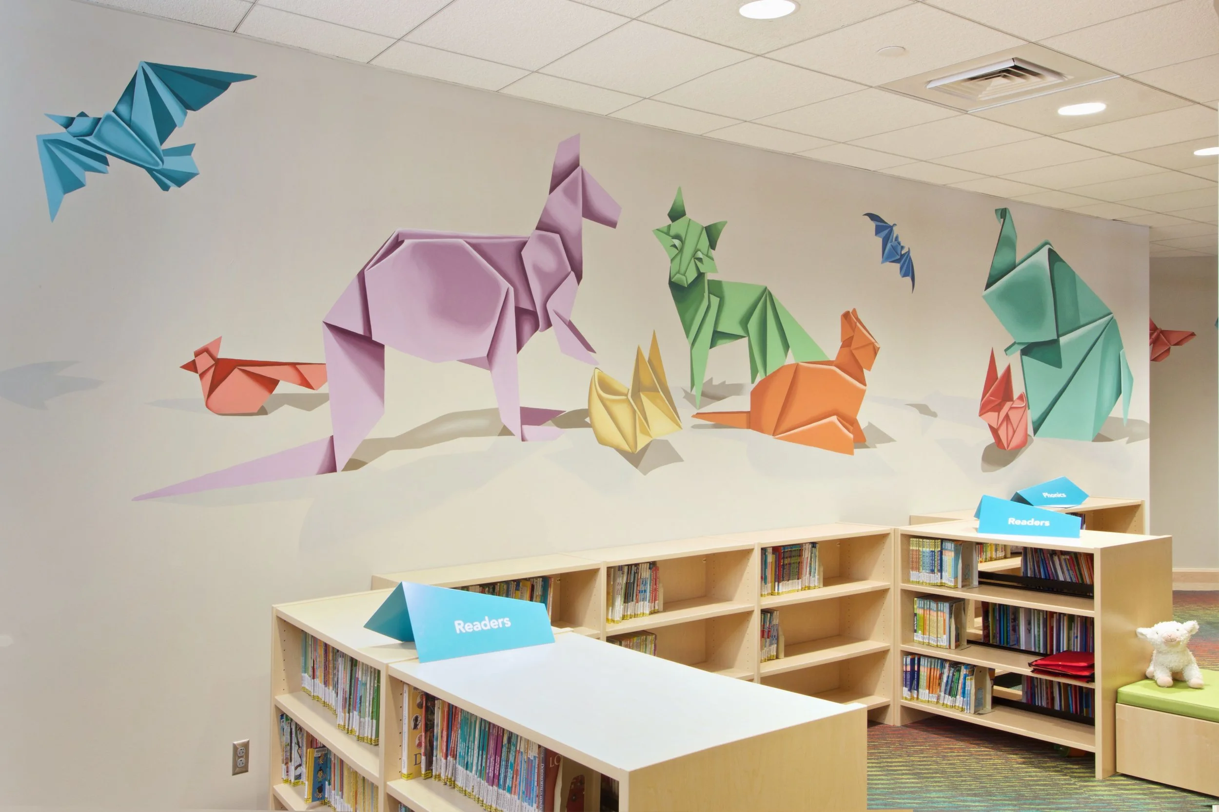 Origami-inpsired murals at the Wellesley Free Library