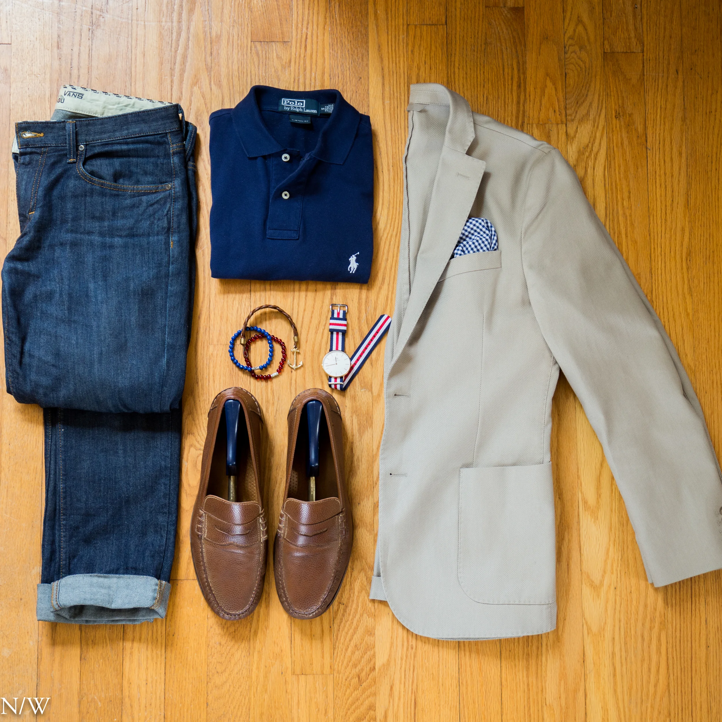 Shirt: Ralph Lauren, Blazer: J. Jindeberg, Pocket Square: J Crew, Sunglasses: Ray-Ban, Watch: Daniel Wellington , Shoes: Cole Haan, Bracelets: Kjp, Our Saints. 