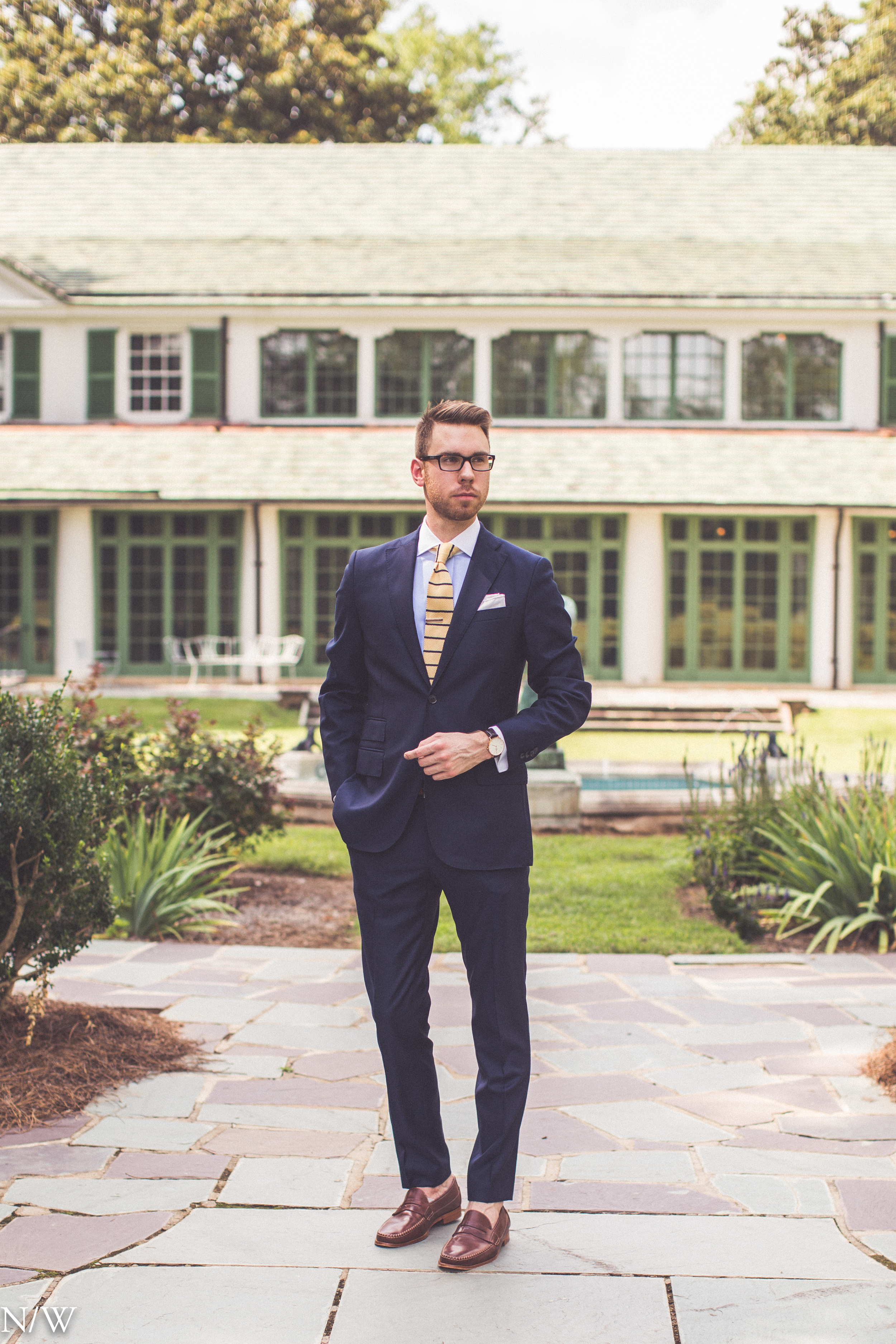 Shirt: Ledbury, Suit: J. Lindeburg, Shoes: Johnston & Murphy, Glasses: Burberry, Watch: Daniel Wellington