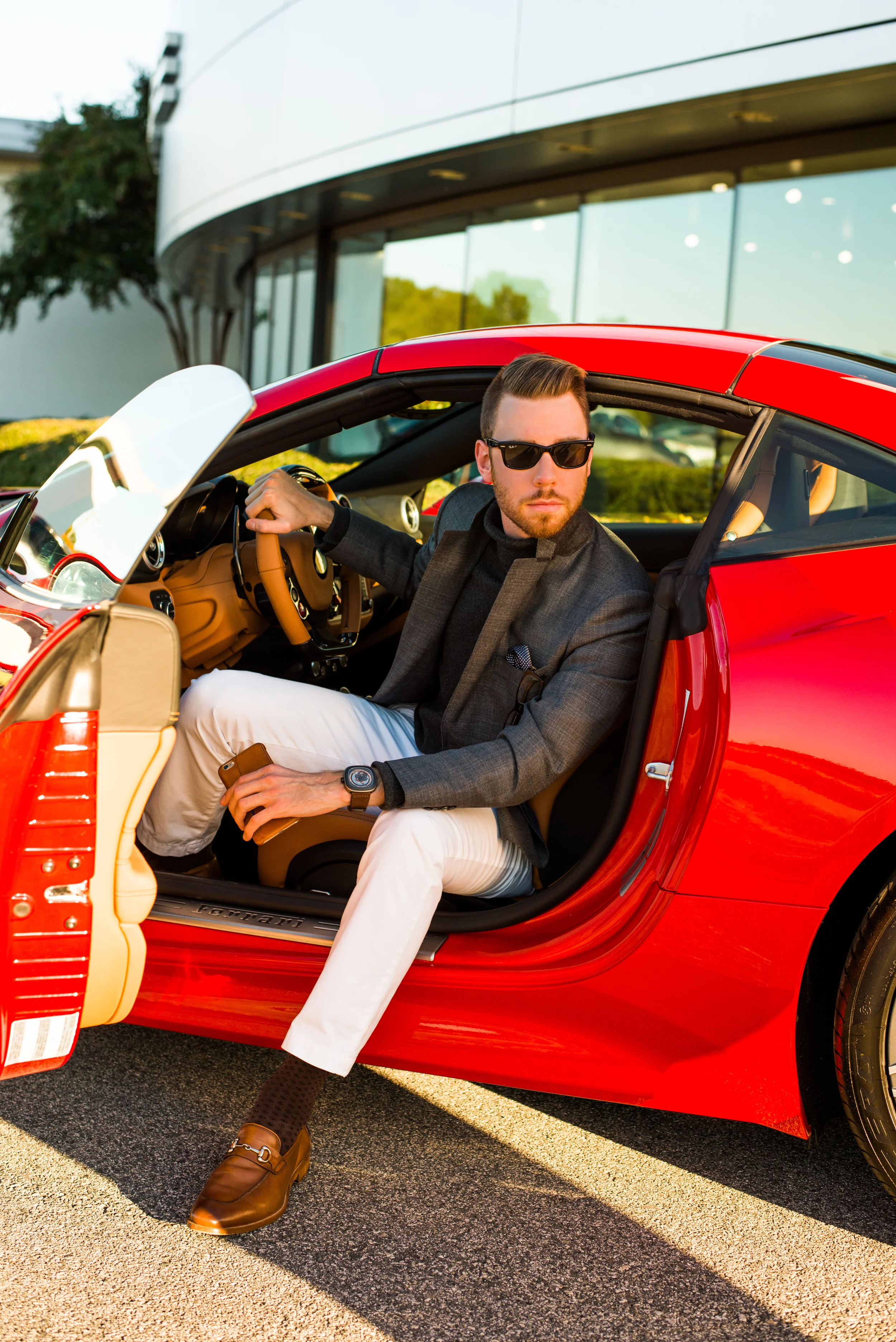 Blazer: SuitSupply, Pants: Banana Republic, Shoes: Johnston & Murphy, Watch: Seven Friday, Glasses: Ray-Ban, Sweater: Ralph Lauren, Car: Ferrari California T, Photo: Alec Hutchins Photography