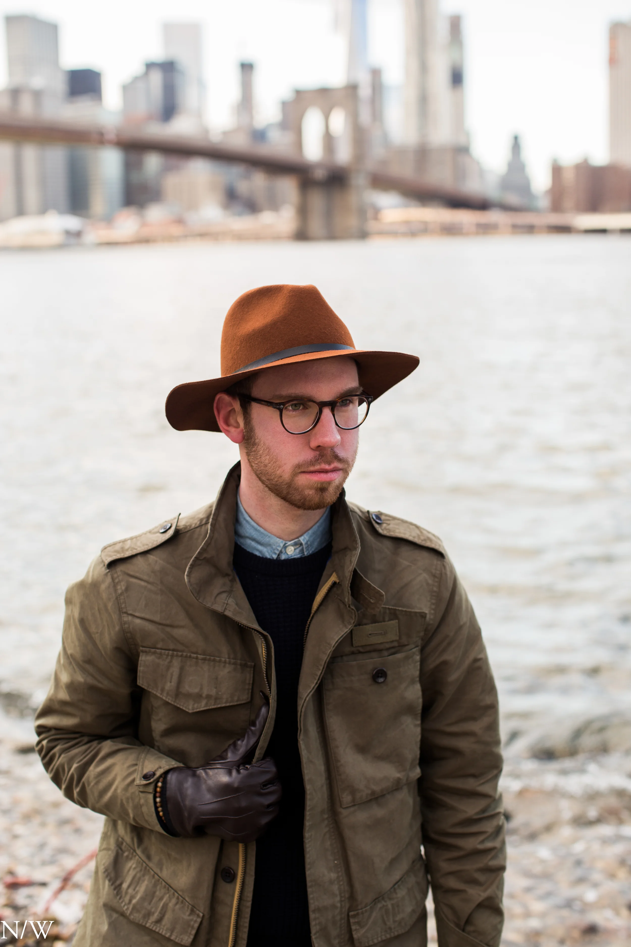 Jacket/Pants: Brooks Brothers Red Fleece, Shirt/Glasses: Polo Ralph Lauren, Sweater: Banana Republic, Hat/Gloves: Top Shop, Shoes: Johnston & Murphy. 