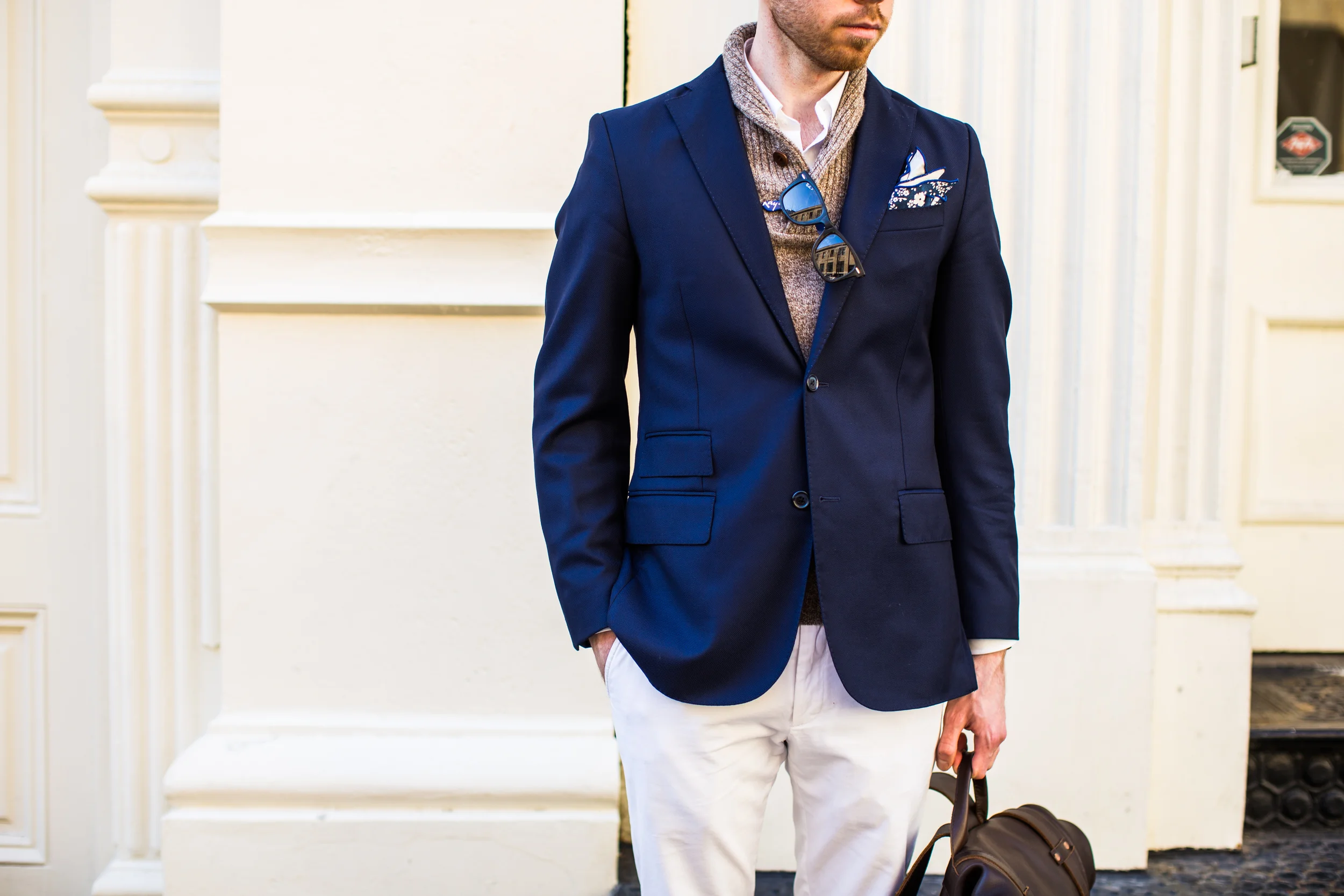 Suit jacket: J. Lindeburg. Pants: Banana Republic. Sweater: Jcrew. Shirt: Brooks Brothers. Pocket Square: Cotten Brew. Shoes: Johnston & Murphy. Glasses: Ralph Lauren. Bag: Pad & Quill