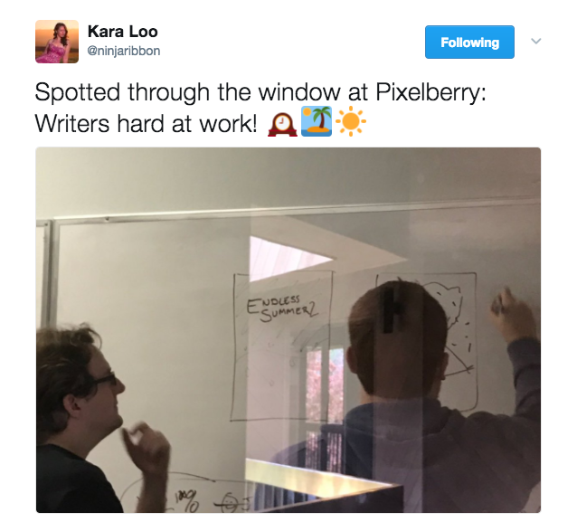 Writers plotting out mysterious Endless Summer things on the whiteboard! Hmm...