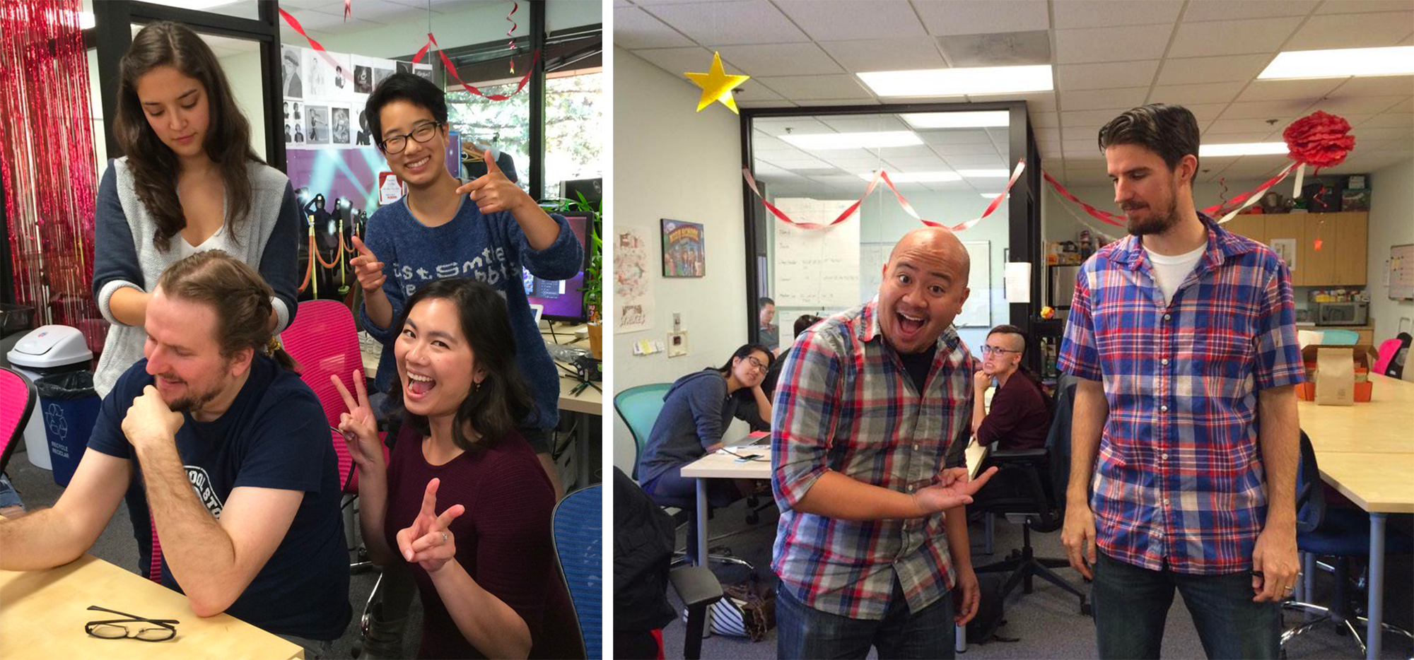 Braiding hair during lunch, and accidental plaid day (spot the Hollywood U fanart wall!)