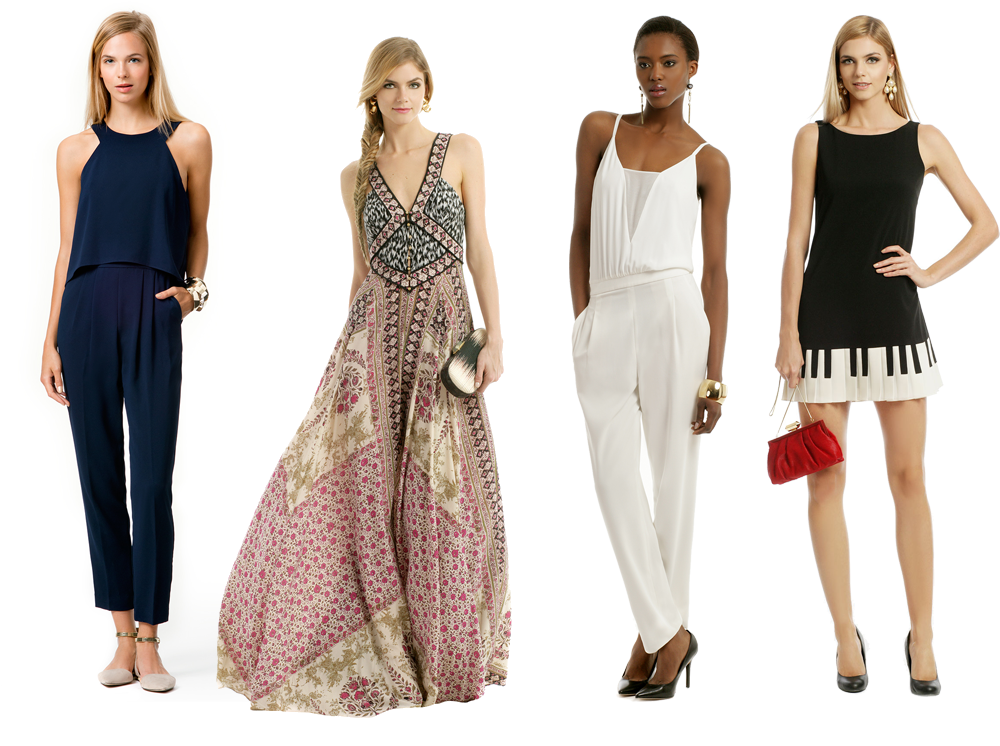 (L-R) Trina Turk jumpsuit / Marchesa maxi / BCBGMAXAZRIA jumpsuit / Moschino Cheap and Chic dress